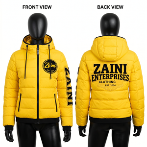 Women Puffer <b>Jacket</b> 300 GSM Premium Polyester Padding Yellow Black Quilted Panel Design Custom Embroidery Chenille Patch Print - Product Image 1