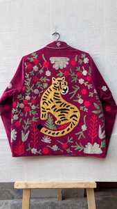 Handmade Velvet Suzani Jacket Red Tiger Floral Embroidery Boho Coat Floral <b>Duster</b> Coat - Product Image 4