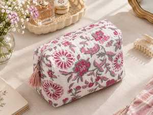 Pochette cosmétique bohème brodée en coton écologique, petite taille, fermeture éclair, portable, avec pompon blanc, pour maquillage - Product Image 2