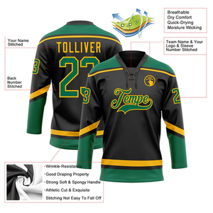 Maillot de hockey sur glace personnalisable imprimé pour équipes – Vert, Noir, Jaune – Col en V, Manches longues, Séchage rapide, Respirant, Anti-humidité - Product Image 3
