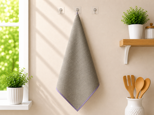 Essuie-tout de cuisine 100% lin taupe, essuie-tout en lin de couleur unie naturelle avec bordure lavande |   Serviette de cuisine en lin de qualité supérieure - Product Image 1