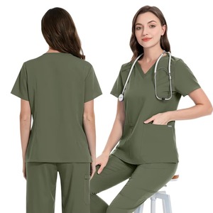 Women Olive Green V Neck Scrub Top Short Sleeve Hospital Uniform Polyester Cotton Woven Fabric - Product Image 3