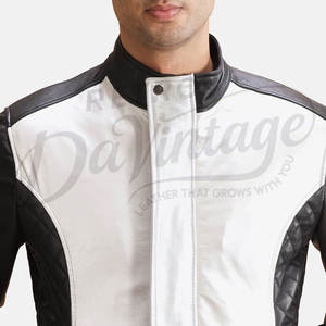 Veste en cuir véritable contrastée noir et blanc pour homme, veste de motard élégante à deux tons, coupe ajustée, veste bomber tendance urbaine - Product Image 5