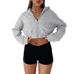 Women's Gray <b>Cropped</b> <b>Hoodie</b> <b>Zip</b>-<b>Up</b> Sweatshirt Full Sleeve Solid Color Knitted Cotton Blend Autumn Casual Wear - Product Image 3