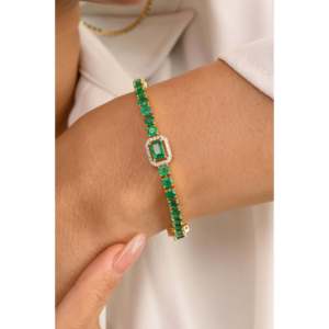 14K Art Deco Tennis Bracelet with Emerald Cut and Round Emerald Diamonds - Product Image 2