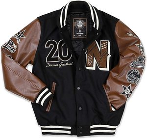 Blouson de moto noir respirant pour homme avec manches en cuir pleine fleur marron et patch brodé lettre sur le devant, style vintage, hiver - Product Image 3