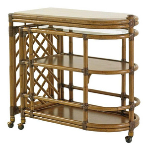 Modern Serving <b>Table</b> with Natural Green Rattan and Glass Top 4 Swivel Casters for Hotels and Bedrooms - Product Image 1