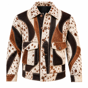 Veste de moto en cuir véritable pour homme, imprimé animal, col montant, fermeture éclair, coupe classique, vêtements décontractés d'hiver - Product Image 1