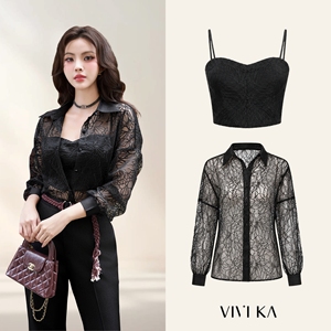 Camisa Transparente de Encaje Floral para Mujer con Top de Encaje a Juego, Blusa de Manga Larga con Botones, Estilo Casual CHERISH - Product Image 1