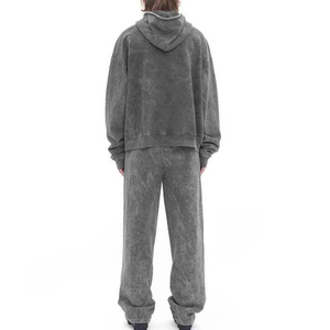Ensemble de survêtement unisexe en coton lavé à capuche, couleur unie, fermeture éclair intégrale, coupe ample, pantalon de survêtement décontracté d'automne avec poches latérales - Product Image 5