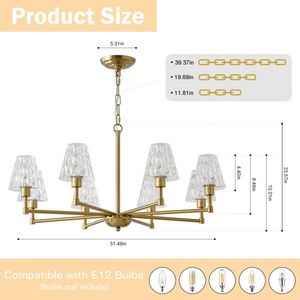 โคมไฟระย้าสไตล์โมเดิร์นกลางศตวรรษ สีทอง 8 ดวง สำหรับห้องรับประทานอาหาร ห้องนั่งเล่น ห้องนอน - โคมไฟระย้าแก้ว - Product Image 6