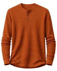 Mens Waffle Henley Long Sleeve Thermal T Shirt <b>Rust</b> Orange Casual Button Neck Winter Wear <b>Top</b> Cotton Slim Fit Breathable Fabric - Product Image 2