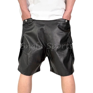 กางเกงขาสั้นคาร์โก้หนัง PU สไตล์สตรีทลำลองแบบมีเชือกผูกเอวและกระเป๋าเปิดโชว์ ผลิตตามสั่งสำหรับผู้ชาย - Product Image 2