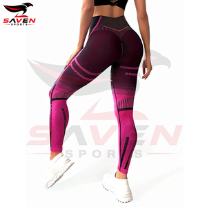 Women Full Length High Waist Sports <b>Leggings</b>, Compression Fit, Color Block Design, Striped Pattern, For Fitness & Workout - Product Image 2
