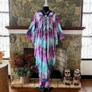 Vestido Caftán de Rayón Teñido a Mano con Técnica Shibori, Talla Grande, Color Turquesa, Estilo Boho, para la Playa - Product Image 1