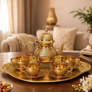 Luxury Brass <b>Tea</b> <b>Set</b> with Teapot, <b>Cups</b>, Saucers and Serving Tray – Traditional Indian Handcrafted Brass <b>Tea</b> & Coffee <b>Set</b> - Product Image 1