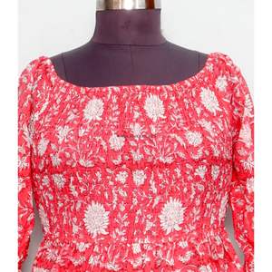 Vestido corto de verano de algodón con cuello cuadrado, vestido corto con estampado floral de manga larga, vestido midi para mujer. - Product Image 2