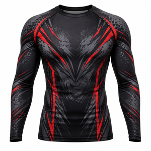 Camiseta Deportiva de Compresión para Hombre, Diseño Energético en Negro y Rojo, Poliéster/Nailon, Cuello Redondo, Manga Larga, Secado Rápido - Product Image 1