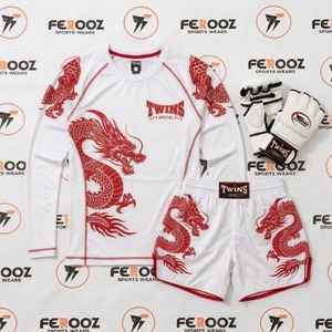 Thai Fight Gear Set <b>White</b> Black Dragon Pattern Long Sleeve <b>Top</b> and Boxing Shorts Training Clothing - Product Image 3