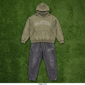 Survêtement streetwear personnalisé vert olive avec strass, sweat à capuche et pantalon large gris, vente en gros OEM - Product Image 5