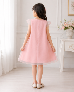 Girls Pink Organza A-Line Dress With <b>Flower</b> Applique Cap Sleeve <b>Sweet</b> Style O-Neck Spring - Product Image 5