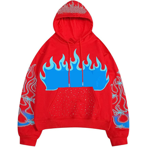 Flame Graphic Star Print Rhinestone <b>Pullover</b> Hoodie Bling Streetwear Custom Oversized Unisex Wholesale - Product Image 1