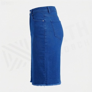 Falda lápiz vaquera de cintura alta para mujer, estilo casual, color liso, hasta la rodilla, con bolsillo y dobladillo deshilachado - Product Image 3