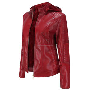 Élégant rouge élégant à capuche Moto veste en cuir pour les femmes polyvalent Sherpa doublure fermeture à glissière longue Durable confort fini - Product Image 3