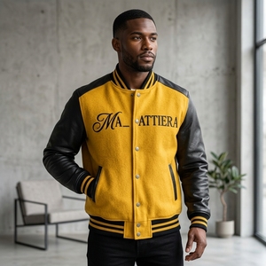 <b>Men</b> <b>Yellow</b> Black Letterman <b>Jacket</b> Leather Sleeves Wool Body Bomber <b>Jacket</b> Custom Embroidered Streetwear - Product Image 3