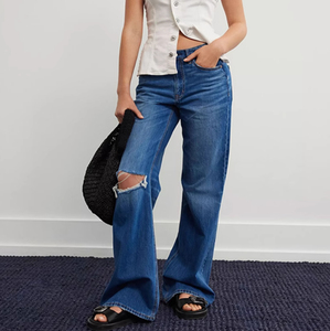 Women's Jeans Dark Blue Mid Waist Straight <b>Denim</b> Pants Women Autumn Summer Style Loose Fit Vintage Washed Slim Ripped Digital - Product Image 1