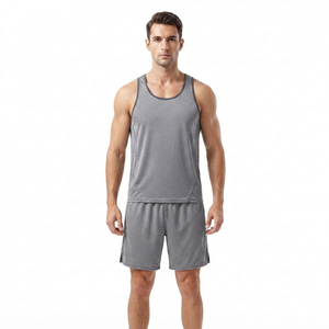 Men's Gray Tank <b>Top</b> And Shorts Set Solid Color Quick Dry Sporty Summer Wear Knitted Polyester Athletic Outfit - Product Image 2