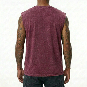 Camiseta sin mangas de punto 100% algodón transpirable con lavado ácido desgastado estilo retro, bordado, aberturas en los hombros, marca privada, streetwear - Product Image 3