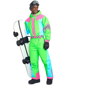 Custom <b>Retro</b> <b>Men's</b> One Piece <b>Ski</b> <b>Suit</b> Neon Color Block Waterproof Windproof Insulated Snowsuit Hooded Belted <b>Ski</b> Jumpsuit - Product Image 1