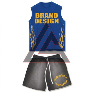 โรงงานผู้ผลิตเสื้อกล้ามและกางเกงขาสั้นชุดเซ็ตฤดูร้อนผ้าฝ้าย 100% ซักกรดแบบเรียบ สำหรับผู้ชาย คุณภาพสูง - Product Image 1