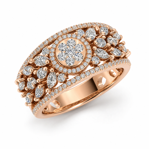Anillo de Diamantes Cultivados en Laboratorio con Halo Floral, Diamantes Redondos y Marquise en Racimo, Banda Ancha con Engaste de Puntas y Pavé, Joyería Fina Personalizada OEM ODM - Product Image 1