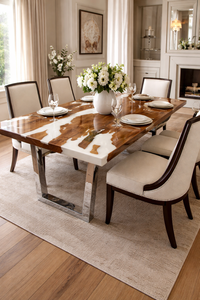 Table à manger moderne en noyer avec plateau blanc au design artistique, mobilier en bois de luxe fait main pour intérieurs élégants - Product Image 1