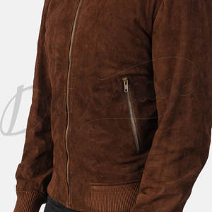 Chaqueta bomber de gamuza marrón oscuro para hombre, piel de oveja auténtica, corte ajustado, informal, estilo motociclista, con cremallera y puños acanalados. - Product Image 3