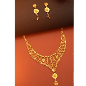 Traditional gold tone floral <b>necklace</b> and matching earrings set elegant handcrafted design for wedding festive ethnic wear women - Product Image 1