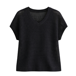 Haut en tricot pour femme à col en V et manches courtes, respirant, texturé, décontracté, coupe ample, pull à manches chauve-souris pour l'été - Product Image 4