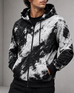 เสื้อฮู้ดซิปผู้ชาย ทรงปกติ สวมใส่สบาย ผ้าถัก โพลีเอสเตอร์ 100% สีดำขาว ลายพิมพ์นามธรรม ระบายอากาศได้ดี เสื้อฮู้ดแบบยูนิเซ็กส์ - Product Image 3