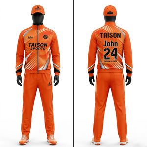 Survêtement de cricket pour homme en polyester interlock premium 280 GSM, design à panneaux orange par sublimation, veste à fermeture éclair intégrale, nom et numéro personnalisés - Product Image 1