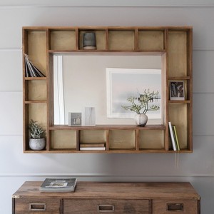 Oak Wood <b>Wall</b> <b>Mirror</b> with Shelves 48x30 in Handcrafted Rustic Modern India Mudroom Bathroom Wholesale OEM - Product Image 1