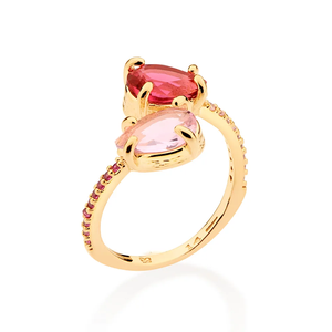 Bague en or 9 carats pour femme avec pierre précieuse, quartz rose en forme de poire, sertie à griffes, pierres roses et rouges, style glamour, bijoux à porter au quotidien - Product Image 2