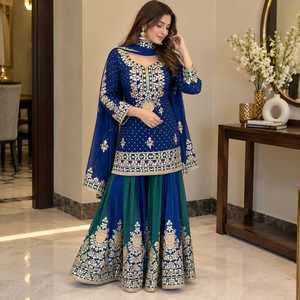 Royal Blue <b>Red</b> Indian Long Sharara <b>Suit</b> Set Women Intricate Mirror Embroidery Embellished Straight Kurta Flared Palazzo Pant - Product Image 6