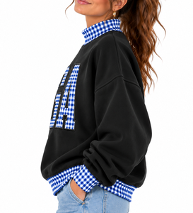 Custom Logo Women’s Oversized <b>Mock</b> Neck Sweatshirt Lightweight Cotton Gingham Drop Shoulder Private Label Pullover - Product Image 5