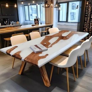 Table rectangulaire moderne en bois rustique et résine, avec incrustation de bois naturel, pour salon, design durable - Product Image 1