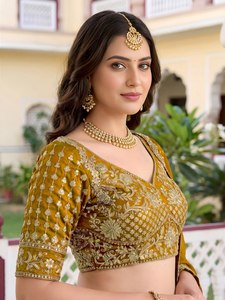 Yellow Velvet Embroidered <b>Lehenga</b> Choli With Floral Print A-Line Floor-Length Bridesmaid Dress Scoop Neck Three Quarter Sleeve - Product Image 4