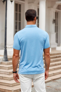 Men's Light <b>Blue</b> Short Sleeve <b>Polo</b> <b>Shirt</b> Regular Fit Solid Color Button Design Casual Style Knitted Pique Cotton Breathable - Product Image 2