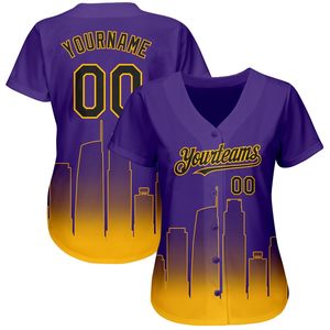 Custom Women's <b>Baseball</b> Jersey Purple Gold Gradient City Print Sublimated Moisture Wicking Short Sleeve Fitted V-Neck Adult - Product Image 1
