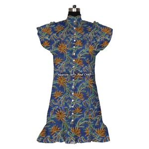 Cotton <b>Women</b> Casual <b>Dresses</b> Summer Bohemian Midi <b>Tunic</b> <b>Dress</b> Hand-Printed Beachwear Short Sleeveless Design <b>Dress</b> - Product Image 3